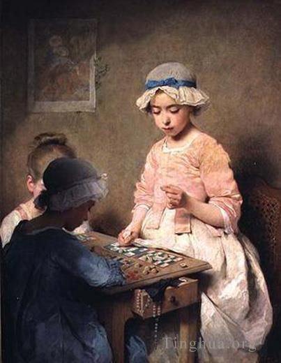 Charles Joshua Chaplin Peinture à l'huile - Le jeu de loto